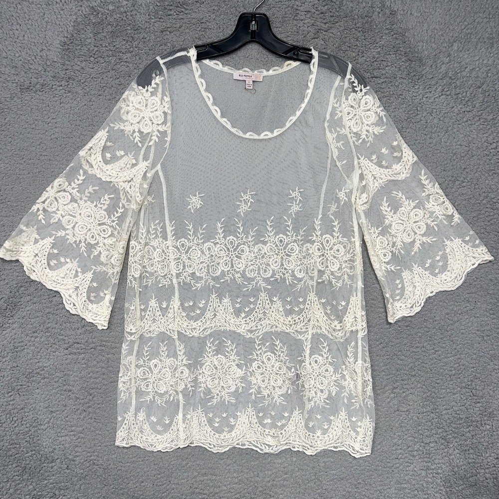 Blu-Pepper‎ Vintage Women's Sz M White Lace Floral Embroider Blouse Cottagecore